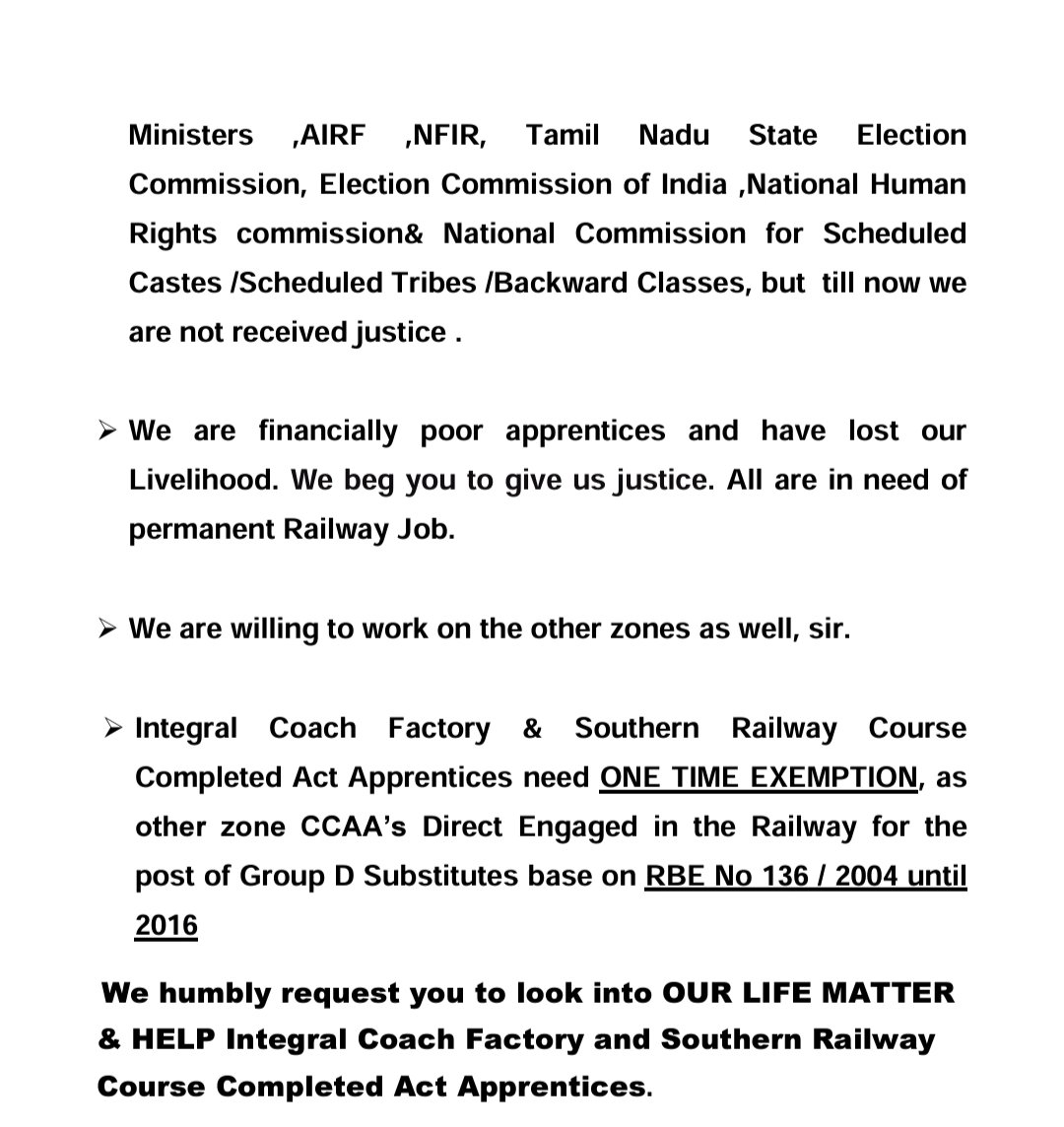 Praveen37199940's tweet photo. @RailMinIndia 
-Based on RBE No:136/2004 some Zone CCAA Absorbed in railway as Substitute khalasi in GM power till 2016,why Southern zone CCAA not absorbed from 1998?
-Based on RBE No:71/2016 - 20%quota to CCAA.Change horizontal reservation in RRC 01/2019 Exam fill up with CCAA . https://t.co/0PzgfEfRZ0