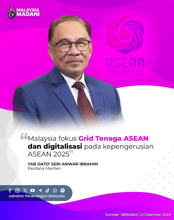 JPenerangan's tweet photo. Perdana Menteri, YAB Dato' Seri Anwar Ibrahim berkata, perbincangan mengenainya telah dilaksanakan bersama pemimpin utama beberapa negara.

#MYASEANChair2025 
#KeterangkumanDanKemampanan 
#InclusivityAndSustainability
#MalaysiaMADANI 
#TaatSetia 
#JabatanPenerangan https://t.co/n9eJKJfkp7