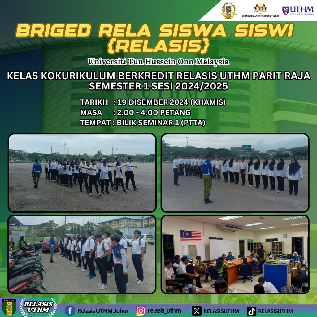 RELASISUTHM's tweet photo. Kelas Kokurikulum Berkredit RELASIS I Seksyen 1 UTHM Parit Raja Semester 1 Sesi 2024/2025

Pengajar: 
* Puan Hafizah binti Muhammad Elham

Tarikh: 19 Disember 2024
Masa: 2.00 petang - 4.00 petang
Tempat: Bilik Seminar 1 (PTTA)

#SetiaBerbakti https://t.co/FnUHtZYYiO
