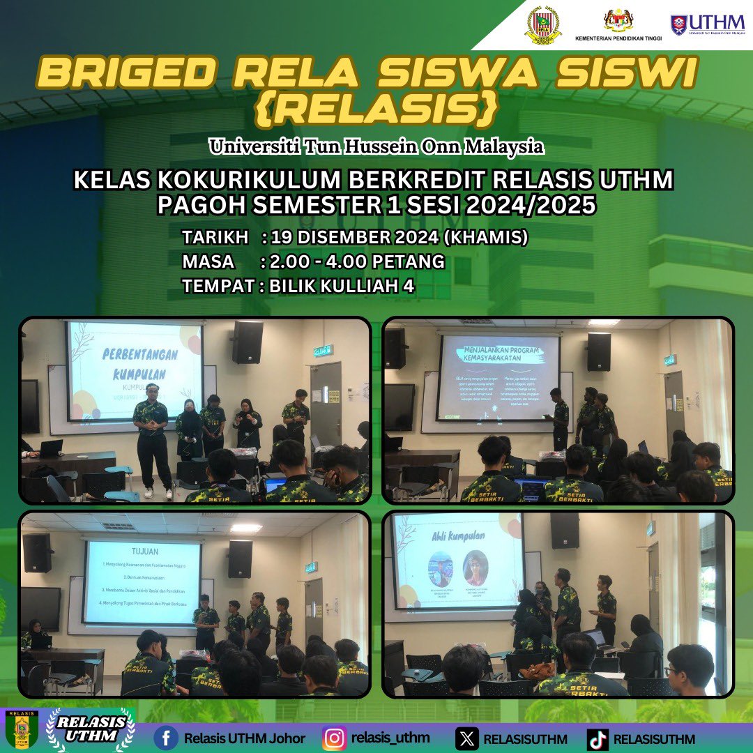 RELASISUTHM's tweet photo. Kelas Kokurikulum Berkredit RELASIS I Seksyen 2 UTHM Pagoh Semester 1 Sesi 2024/2025

Pengajar: 
* PPgKR Tuan Zulaihi bin Zulkufeli

Tarikh: 19 Disember 2024
Masa: 2.00 petang - 4.00 petang
Tempat: Bilik Kuliah 4 Kampus Pagoh

#SetiaBerbakti https://t.co/vFMGrw3BqF