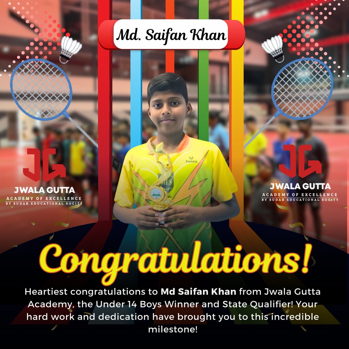 JwalaGuttaAcad's tweet photo. Congratulations from JGA family
We are proud of you saifan
Keep shining
#badmition #courts #sports #badmintonlovers #champions #rank #tournament #winner #badmintonindonesia https://t.co/iuuNYLAbs3