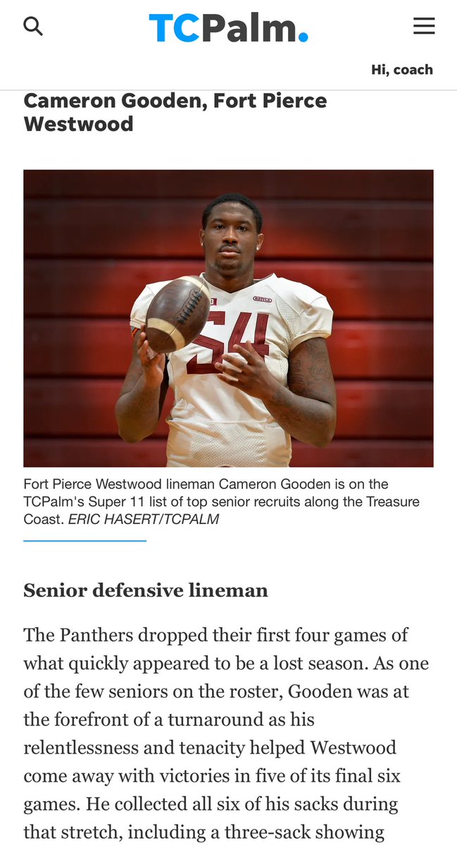 RealCoachK's tweet image. Congrats to Fort Pierce #Westwood 2025 DL Cameron Gooden on being named TC Palm 1st Team All Area Defense.  #FAU 🪵 🐾 🦉 @1CameronG