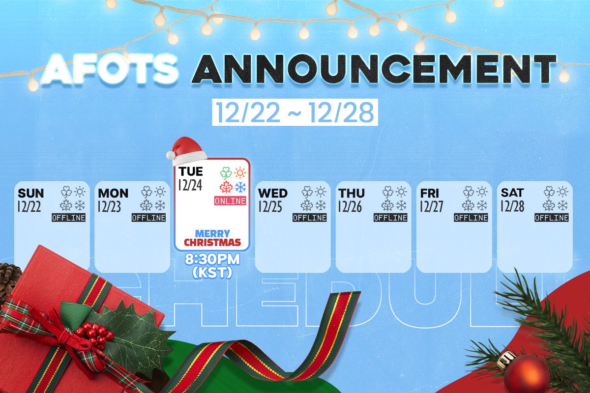 ☘️☀️🍁❄️
AFOTS WEEKLY SCHEDULE
12/22-12/28

AFOTS Official   Youtube :  youtube.com/@AFOTS_official 

#AFOTS #에이팟츠 #세한 #도휘 #주운 #루빈 #SEHAN #DOHWI #JUWUN #LUVIN