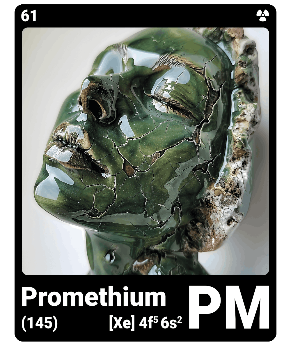 br_AI_king's tweet image. #brAIking This is what it looks like when AI gives the chemical element #promethium a face - find all #ChemicalElements in the bio #ScienceArt