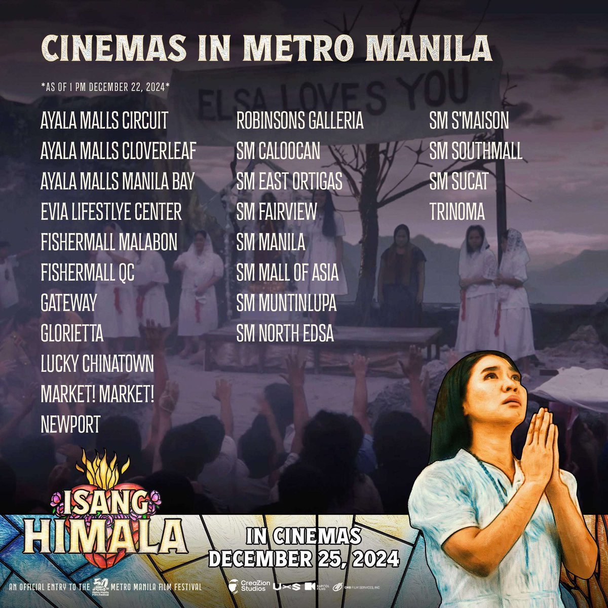 aicellesantosme's tweet photo. ISANG HIMALA is showing in 32 cinemas. Catch us on the first screening days and pls help spread the word.🙏 Praying we get more cinemas so more people can see this masterpiece that i am very honored and blessed to be part of.

#IsangHimala
#MMFF50
#MovieMusical
#PhilippineTheater https://t.co/sYZkiSSUPQ
