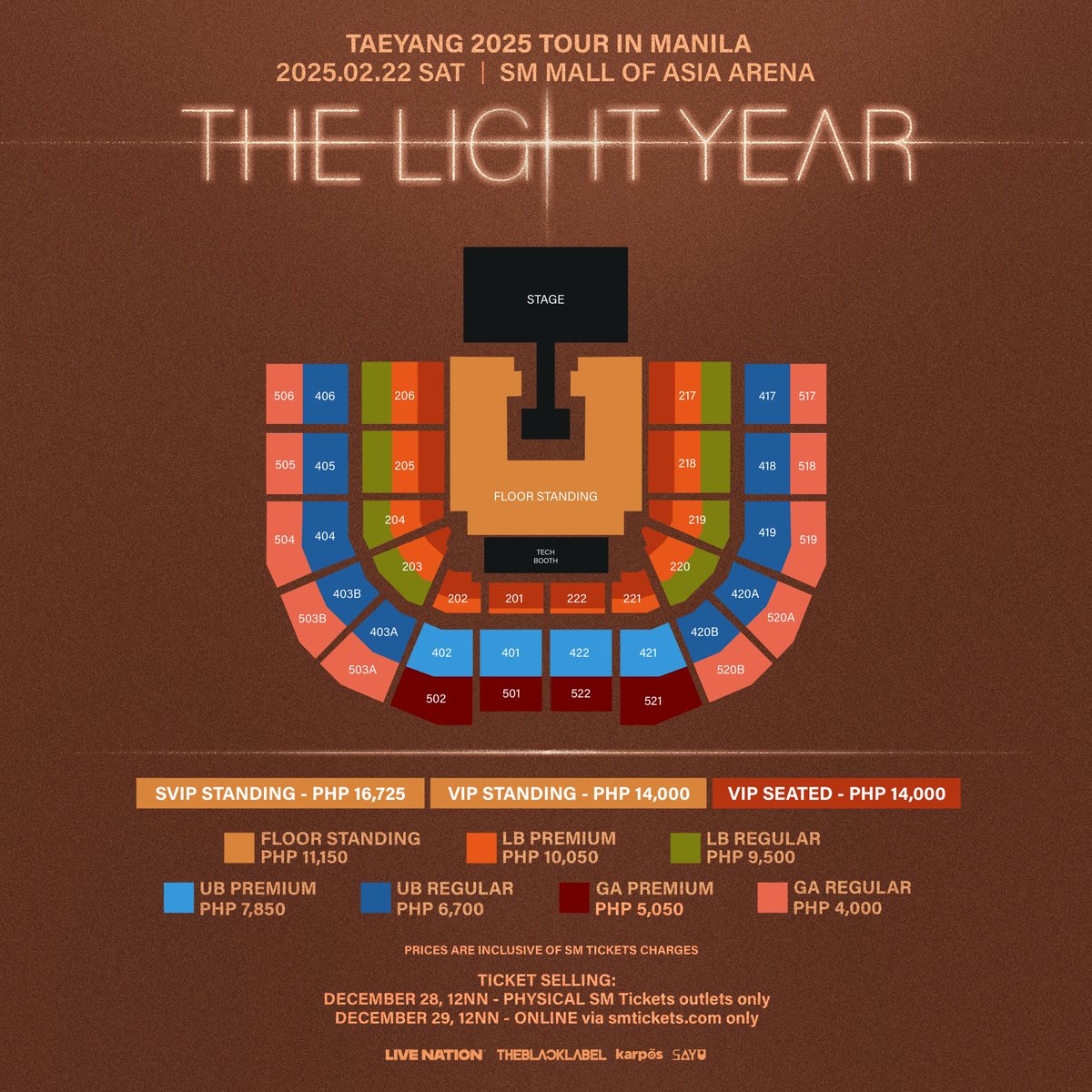 Realtaeyang's tweet image. TAEYANG 2025 TOUR [THE LIGHT YEAR] IN MANILA

◼︎ 공연 일시 (Date/Time)
2025.02.22.Sat @ SM Mall of Asia Arena

◼︎ 티켓 정보 (Ticket Info)
bit.ly/THELIGHTYEAR_M…

◼︎ 오프라인 예매 (Physical Sale)
2024.12.28.Sat.12PM (Local Time) @ SM Tickets outlets

◼︎ 온라인 예매…