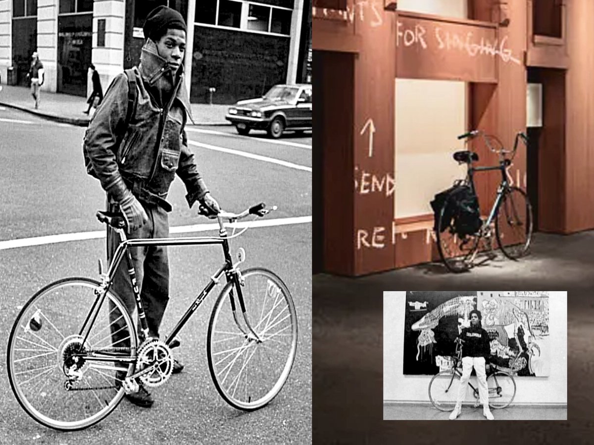 Jean-Michel Basquiat - born December 22, 1960 in Brooklyn, New York; died August 12, 1988 in Manhattan, N.Y.
Top left:
The Bicycle Man, 1984
Bottom left:
Bicycle Rider

Jean-Michel Basquiat and his #bicycle, "his main method of transportation since he had trouble catching a cab."