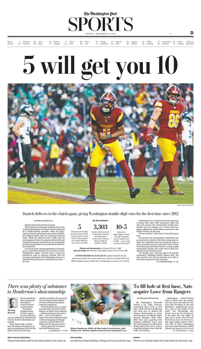 Monday's @postsports front: "5 will get you 10"