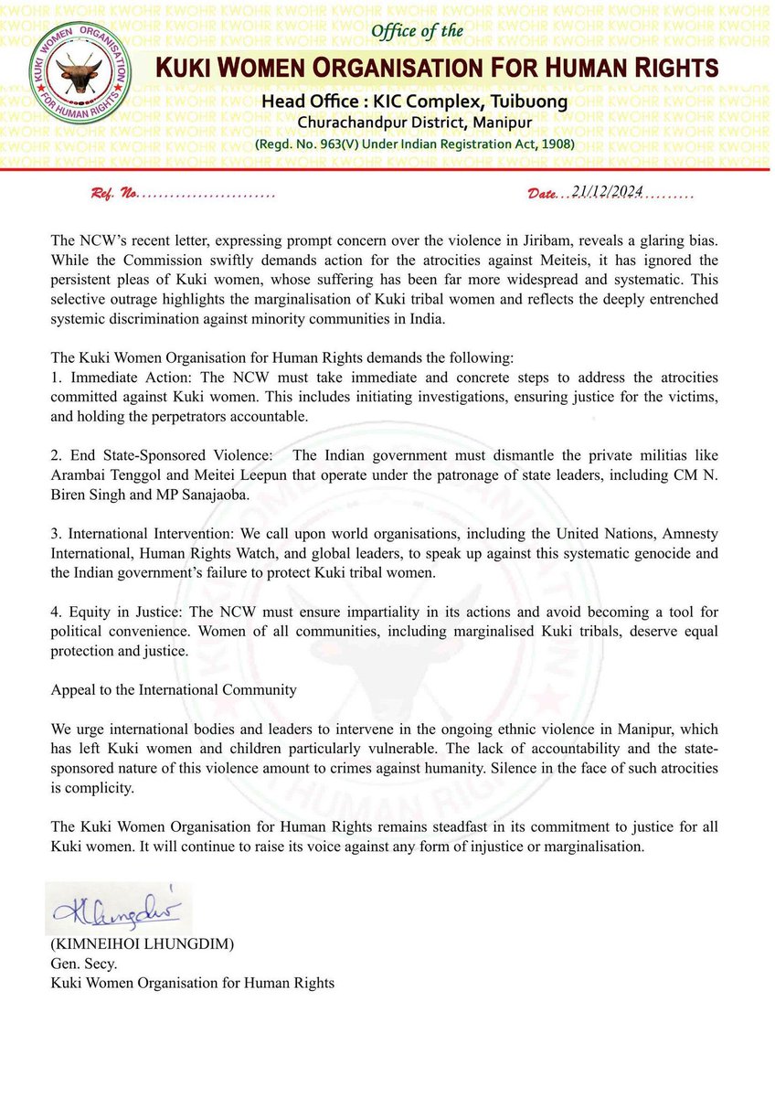 KSO_Mumbai's tweet photo. KWHR: Urges NCW India to act neutral!!

—Kuki Women for Human Right highlights the biases of the @NCWIndia.
—It urged @NCWIndia to act neutral &amp; keep the faith they once have in it intact. 
—It also urged international Organisations like @UN@amnesty etc. to intervene immediately. https://t.co/Ph38h3SxLz