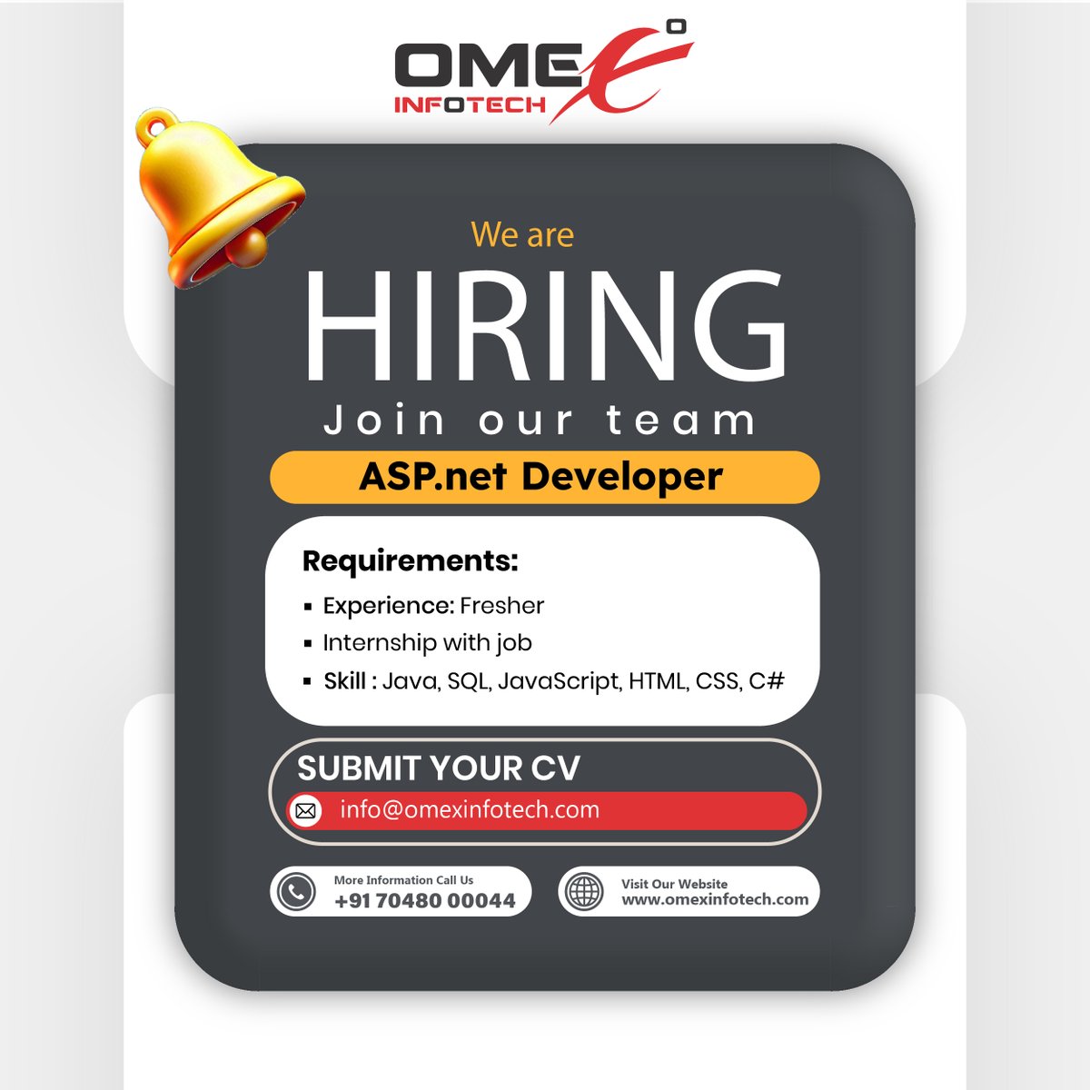 OmexInfotech's tweet image. We Are Hiring! Join Our Team as an ASP.NET Developer
How to Apply:
Submit your CV to: info@omexinfotech.com
For more information, feel free to contact us at:+91 70480 00044
Visit our website: omexinfotech.com
#Hiring #JobOpportunity #ASPNetDeveloper