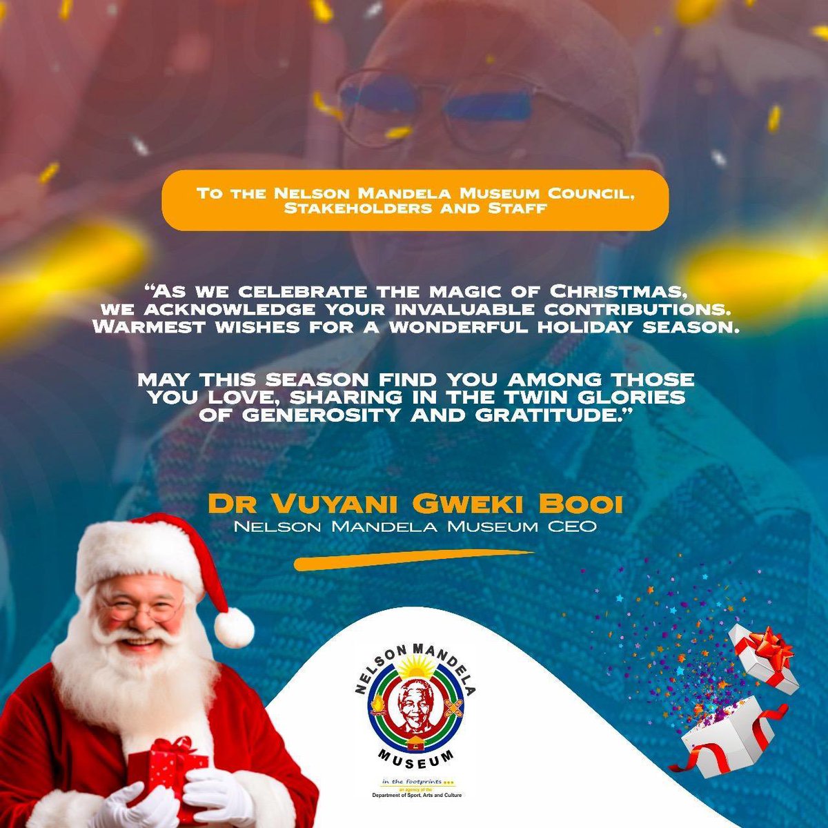OfficialNelsonMandelaMuseum (@mandelamuseum) on Twitter photo Merry Xmas and a Happy New Year courtesy of the Nelson Mandela Museum, an agency of the <a href="/SportArtsCultur/">Department of Sport, Arts and Culture</a> Merry Xmas and a Happy New Year courtesy of the Nelson Mandela Museum, an agency of the <a href="/SportArtsCultur/">Department of Sport, Arts and Culture</a>
