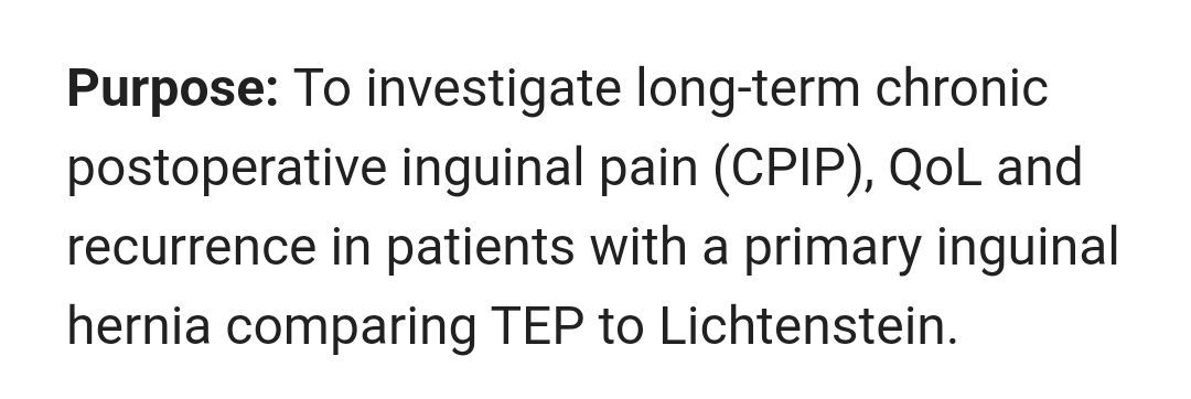 eurohernias's tweet photo. https://t.co/MxNYS1t3aH Long term inguinal pain comparing #TEP to #Lichtenstein repair: the TEPLICH #RCT 8 years follow-up.

#GroinHernia #CPIP #ChronicPain #HerniaSurgery https://t.co/vbi4ovExgA