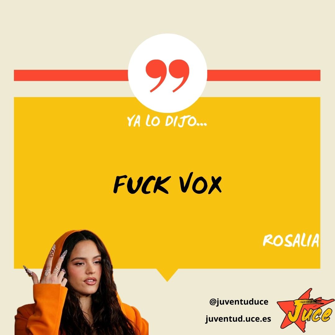 Seguimos con #luchadeclases 

No podíamos olvidarnos de la Rosalía cuando acuñó el popular termino de #Fuckvox

Nuestra Motomami revolucionando la música y el pensamiento.