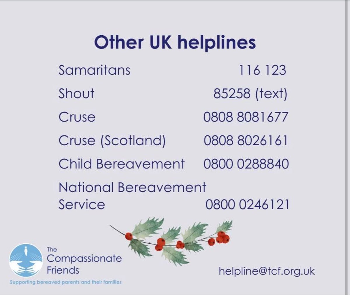 The Good Grief Trust (@goodgrieftrust) on Twitter photo Thankyou <a href="/TCFcharityUK/">The Compassionate Friends UK</a> 🧡🎄
Our National Helpline will remain open as often as possible over the Christmas period. If our lines are busy or closed, please do leave a message or email helpline@tcf.org.uk and we will aim to get back to you ASAP. The helpline@tcf.org.uk inbox will Thankyou <a href="/TCFcharityUK/">The Compassionate Friends UK</a> 🧡🎄
Our National Helpline will remain open as often as possible over the Christmas period. If our lines are busy or closed, please do leave a message or email helpline@tcf.org.uk and we will aim to get back to you ASAP. The helpline@tcf.org.uk inbox will