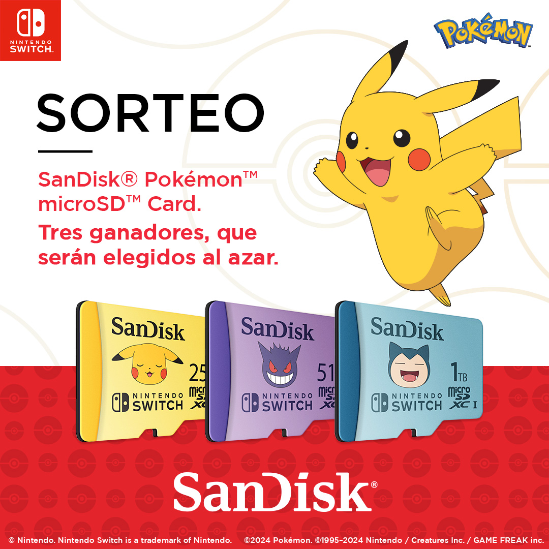 NintendoES's tweet image. 🎁 ¡Sorteamos 3 tarjetas de memoria microSDXC SanDisk Pokémon™ con licencia oficial para #NintendoSwitch!

►Haz repost y cuéntanos cuál es tu juego de Pokémon favorito con #PokemonSanDisk y participa. Una para cada ganador. ¡Solo hoy!

Más información: ntdo.com/6017fjqA3