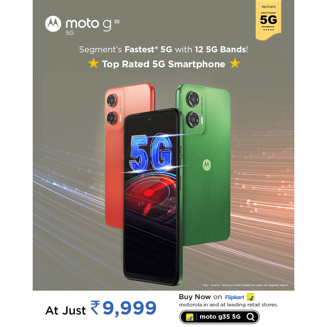 motorolaindia's tweet photo. The all-new #MotoG35 5G has been declared as the fastest 5G smartphone in its segment by Techarc! 🚀
Buy now at ₹9,999 on @Flipkart, https://t.co/azcEfy2uaW, and at leading retail stores.
#MotoG35 5G #Motorola #ExtraaHai