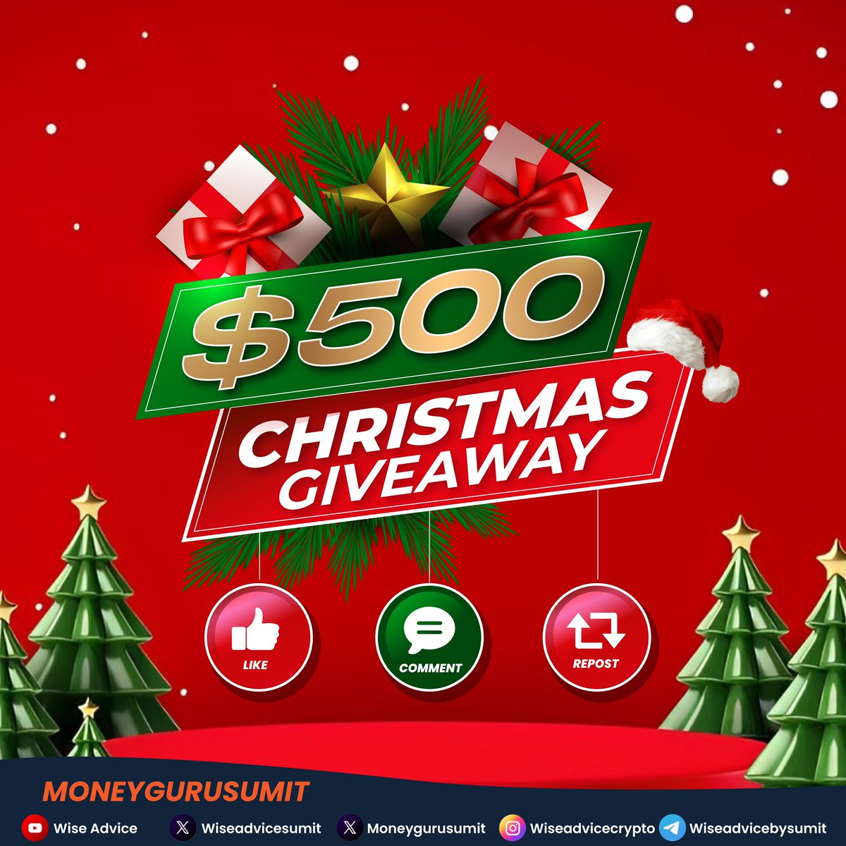🎄🎁 𝐂𝐡𝐫𝐢𝐬𝐭𝐦𝐚𝐬 𝐆𝐢𝐯𝐞𝐚𝐰𝐚𝐲 𝐀𝐥𝐞𝐫𝐭! 🎁🎄

To celebrate Christmas with my community, I will giveaway $100 each to 5 of my followers🔥

To win 👇

▶️ Follow <a href="/moneygurusumit/">Sumit Kapoor</a> 
and <a href="/wiseadvicesumit/">Wise Advice</a> 

▶️ Like, Comment and Repost all of my upcoming tweets.
 
Be more