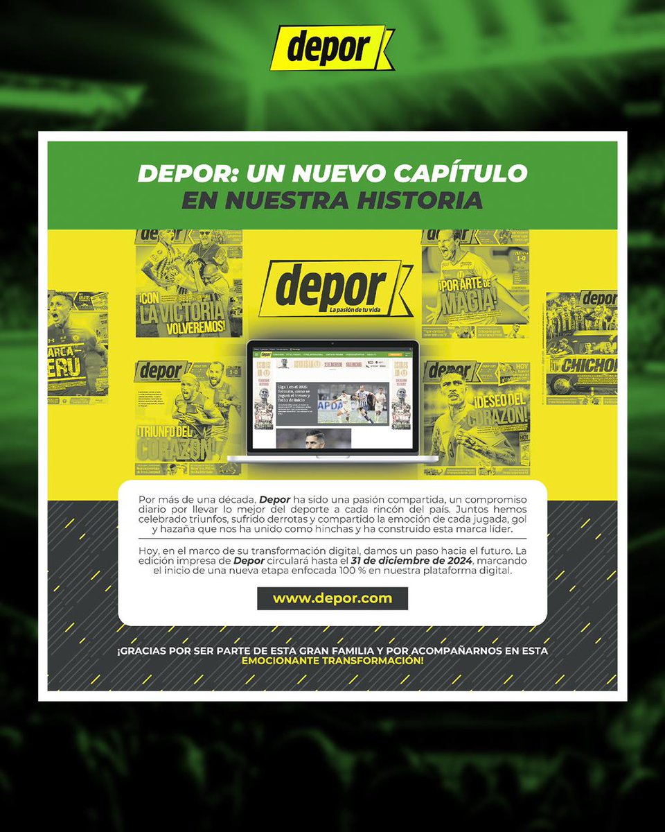 🖐️ ¡Hoy damos un paso hacia el futuro!

➡️ La edición impresa de Depor circulará hasta el 31 de diciembre, marcando el inicio de esta etapa enfocada 100% en nuestra plataforma digital. ¡Acompáñanos en esta emocionante transformación!