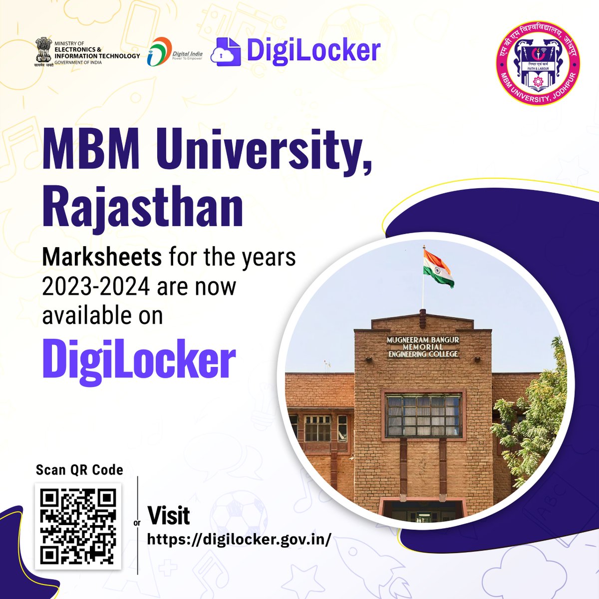 digilocker_ind's tweet photo. Great news for MBM University, #Rajasthan students! Marksheets for the years 2023-2024 are now available on DigiLocker. Access your academic records anytime, anywhere with ease. #DigitalIndia #DigiLocker #MBMuniversity https://t.co/w3KR8fasr5