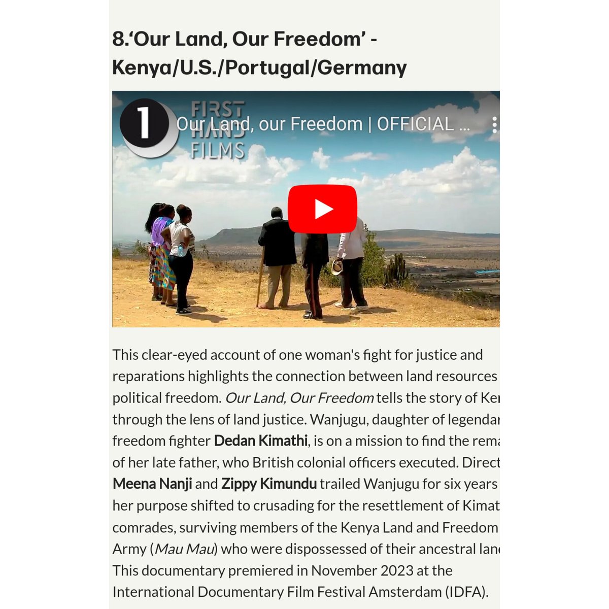 We're incredibly proud to share that our documentary has been named one of OkayAfrica's Top 10 Best Documentaries! 🙏🏾 This recognition means the world to us. Thank you to @okayafrica for this incredible honor.

 #OkayAfricaTop10 #Documentary #OurLandOurFreedom
#KenyanPremiere