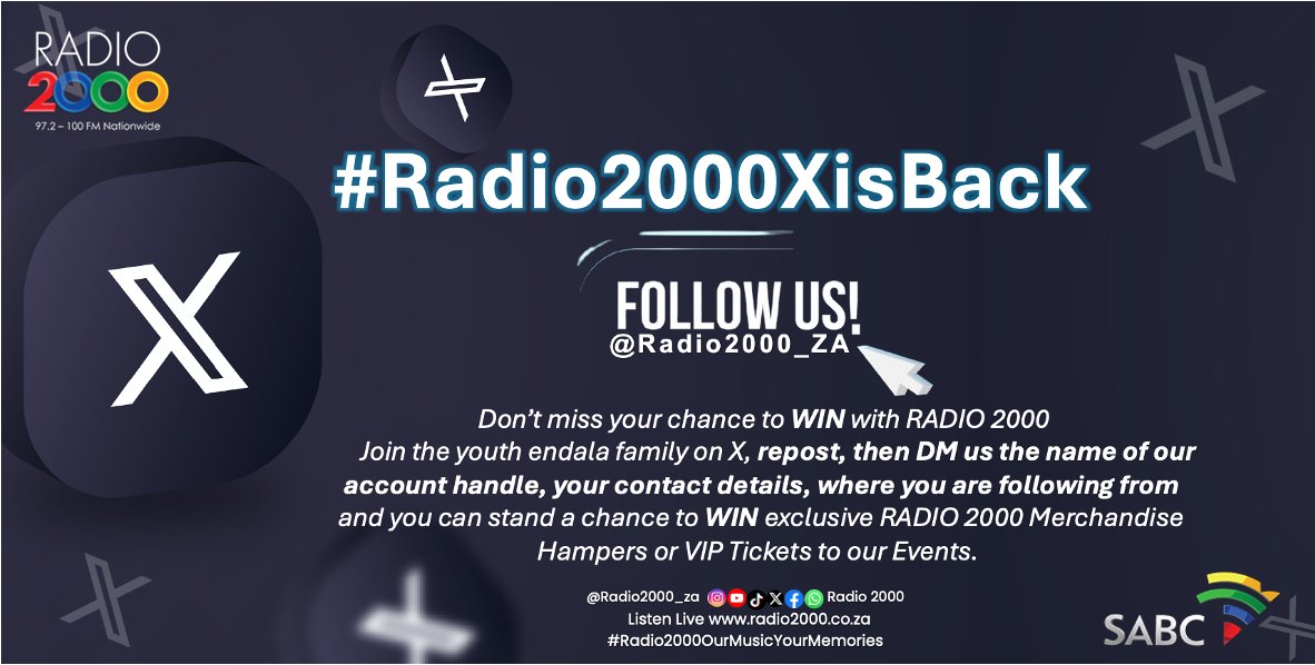 Radio2000_ZA's tweet photo. After months of not connecting with you on X, we’re ready to engage with all our old and new family members. Not following us yet? What are you waiting for? Join the youth endala family &amp; don’t miss your chance to win with RADIO 2000.  #Radio2000XisBack https://t.co/FWZj6MAwPf