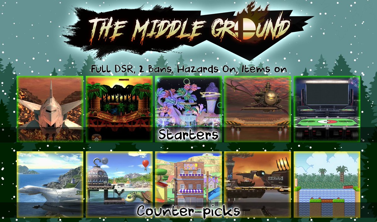 Hey all, The Middle Ground A Night of Thanks and Giving IV is 2 WEEKS away!

Here's the finalized stage lists for both Melee and Ultimate for this upcoming bracket, finalized item list will remain the same as last year.

Register here: start.gg/tournament/the…