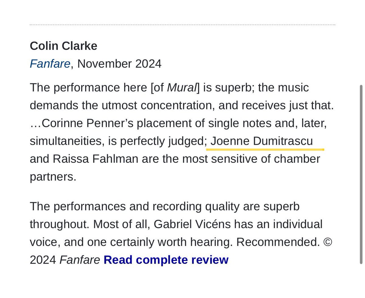JDumitrascu's tweet image. #reflectiontime #endof2024 Looking back at the release of classical-contemporary album ‘Mural’ where I got to collaborate with many wonderful colleagues, here are a couple reviews from Fanfare Magazine and Stradivarius 🎶

#classicalcontemporary #album #mural #chambermusic