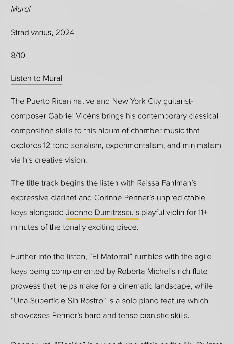 JDumitrascu's tweet image. #reflectiontime #endof2024 Looking back at the release of classical-contemporary album ‘Mural’ where I got to collaborate with many wonderful colleagues, here are a couple reviews from Fanfare Magazine and Stradivarius 🎶

#classicalcontemporary #album #mural #chambermusic