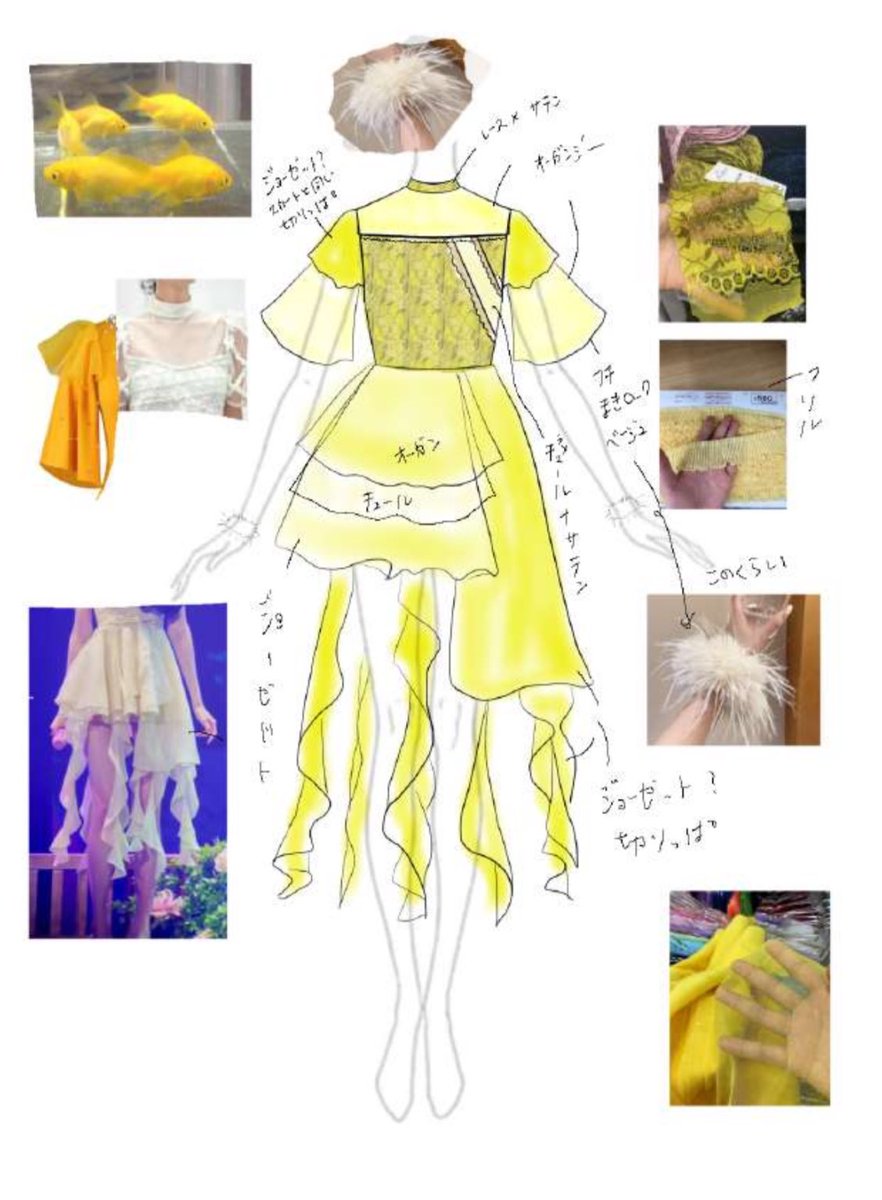 bellmignon_'s tweet photo. @fishbowl_shizuoka 💛

キラキラ
衣装デザインさせていただきました。

縦のフリルの水っぽさと、後ろのヒレがポイントです　🐠

design  yuiiwatsu
sewing  @ayacut_46
belt    migimigi https://t.co/8Y5i1BRUwb