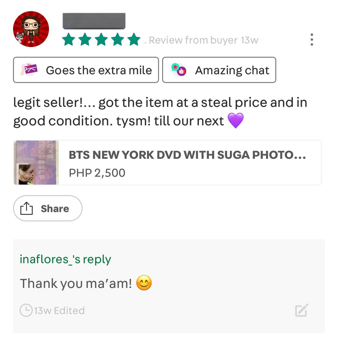DynamiteShopPH's tweet photo. Reviews from Carousell ✨💜
#DynamiteShopPH_Feedbacks https://t.co/2wwVukoLA0