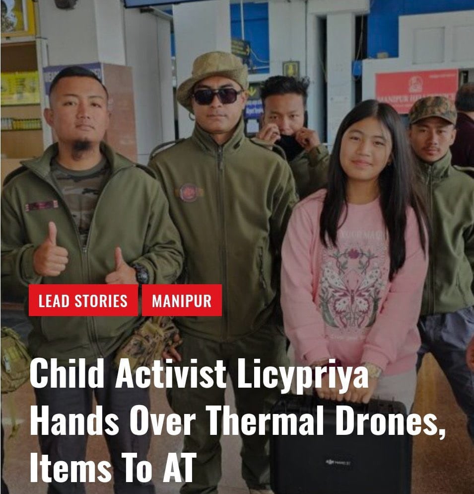 KimmiKhs's tweet photo. Seem you’ve forgotten about our baby girl @LicypriyaK who did nothing but aid banned Meitei terrorist outfits & armed radical outfits #Arambai_Tenggol by not only spewing disinformation but purchasing a no. of drones with the openly stated intent of using them to drop bombs on Kuki civilians in Manipur. Her public statement, confessing to criminal & even terrorist intent, makes her liable to be prosecuted under stringent criminal laws. However Meitei govt are over looking it & taking no action. Is it because she is 12 yrs old??