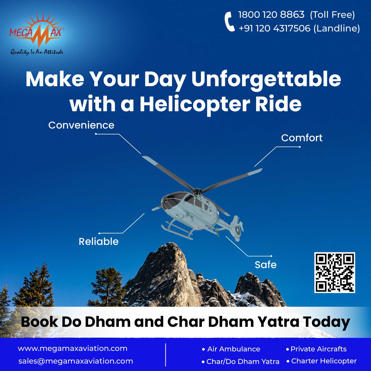 Customers choose Megamax Aviation for its reliable, comfort, and top-notch charter and commute services. We ensure your worries end when you reach Dehradun and sit in our helicopter. Choose what makes your journey memorable, or simply go ahead with us.

megamaxaviation.com