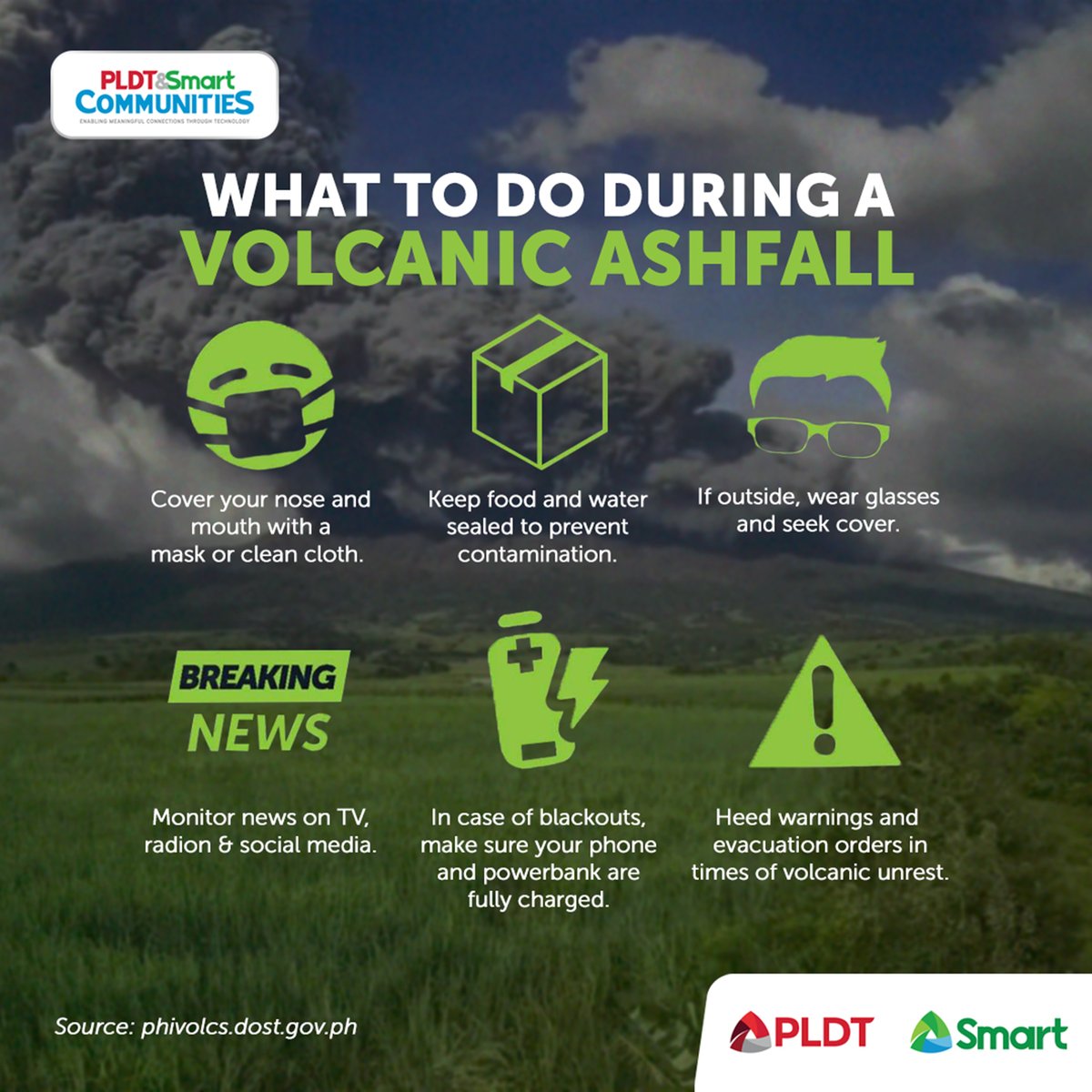 SmartNewsroom's tweet image. #KanlaonVolcano remains under Alert Level 3. Residents in outlying areas are reminded of possible hazards such as explosive eruptions and ashfall. Here are some safety tips to guide residents and those from neighboring areas during a volcanic eruption. #SafeandSmart