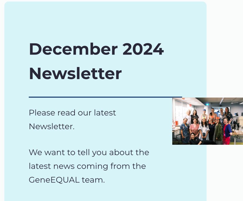 GeneEQUAL (@geneequal) on Twitter photo Happy holidays from the GeneEQUAL team! We would like to extend our warmest wishes for a joyous festive season! Watch our December newsletter here: geneequal.com/stories/decemb… <a href="/emmagenetics/">(Elizabeth) Emma Palmer (she / her)</a> <a href="/IvaStrnadova/">Iva Strnadova</a> <a href="/bronwynterrill/">Bronwyn Terrill</a> @JLSbioethics <a href="/SelfAdvocacySyd/">Self Advocacy Sydney Inc (SAS)</a> <a href="/NSWHealth/">NSW Health</a> <a href="/DisabilityUNSW/">UNSW Disability Innovation Institute</a> Happy holidays from the GeneEQUAL team! We would like to extend our warmest wishes for a joyous festive season! Watch our December newsletter here: geneequal.com/stories/decemb… <a href="/emmagenetics/">(Elizabeth) Emma Palmer (she / her)</a> <a href="/IvaStrnadova/">Iva Strnadova</a> <a href="/bronwynterrill/">Bronwyn Terrill</a> @JLSbioethics <a href="/SelfAdvocacySyd/">Self Advocacy Sydney Inc (SAS)</a> <a href="/NSWHealth/">NSW Health</a> <a href="/DisabilityUNSW/">UNSW Disability Innovation Institute</a>