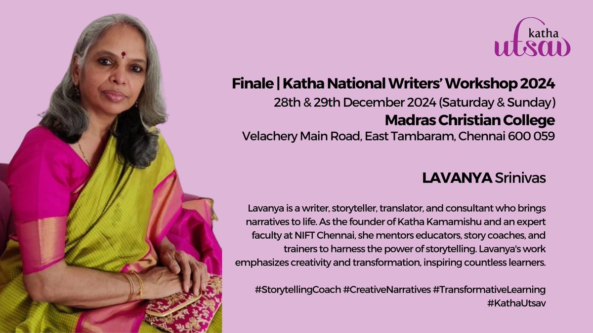 KathaIndia's tweet image. Meet Lavanya Srinivas, the storytelling maestro behind Katha Kamamishu! An expert storyteller from NIFT Chennai, she is an inspiration to educators and coaches.
#StorytellingCoach #CreativeNarratives #TransformativeLearning #KathaUtsav