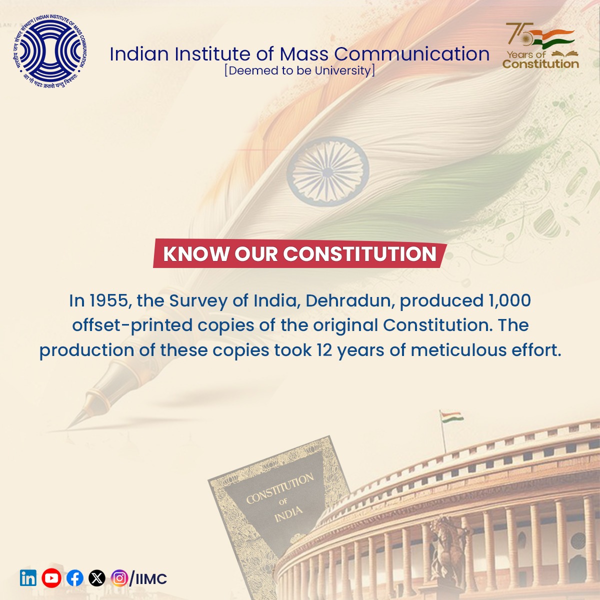 IIMC_India's tweet photo. #KnowOurConstitution
In 1955, the Survey of India, Dehradun, produced 1,000 offset-printed copies of the original #Constitution. The production of these copies took 12 years of meticulous effort.
#ConstitutionAt75 #10YearsOfConstitutionDay #HumaraSamvidhanHumaraSwabhimaan https://t.co/Tcvu08fnMq
