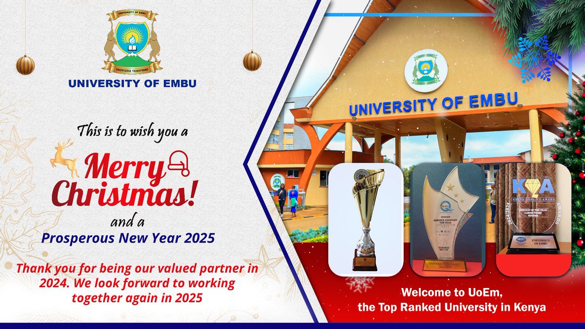 The University of Embu wishes you a Merry Christmas 🎅 🎁 and a Prosperous New Year 2025 🥂

#LeadingTheWay
#TopInEAfrica
#Festivities 🎁🎉📸