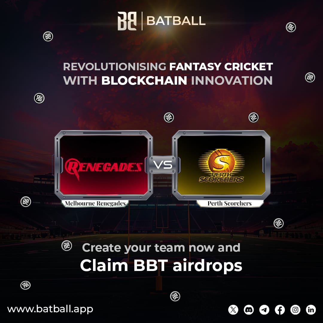 batball_app's tweet photo. ✨ Claim 15 BBT #Airdrops by joining us on social media and use your BBT to join today’s contests.
💪 Build your fantasy team on #BatBall and win exciting rewards!
1️⃣ @RenegadesBBL vs @ScorchersBBL
🛡️ Create your team now: https://t.co/Hspt7HdQzI
🎯 Don’t wait—play today and turn your cricket knowledge into rewards!
#FantasyCricket @BBL_esports #cricketupdates
