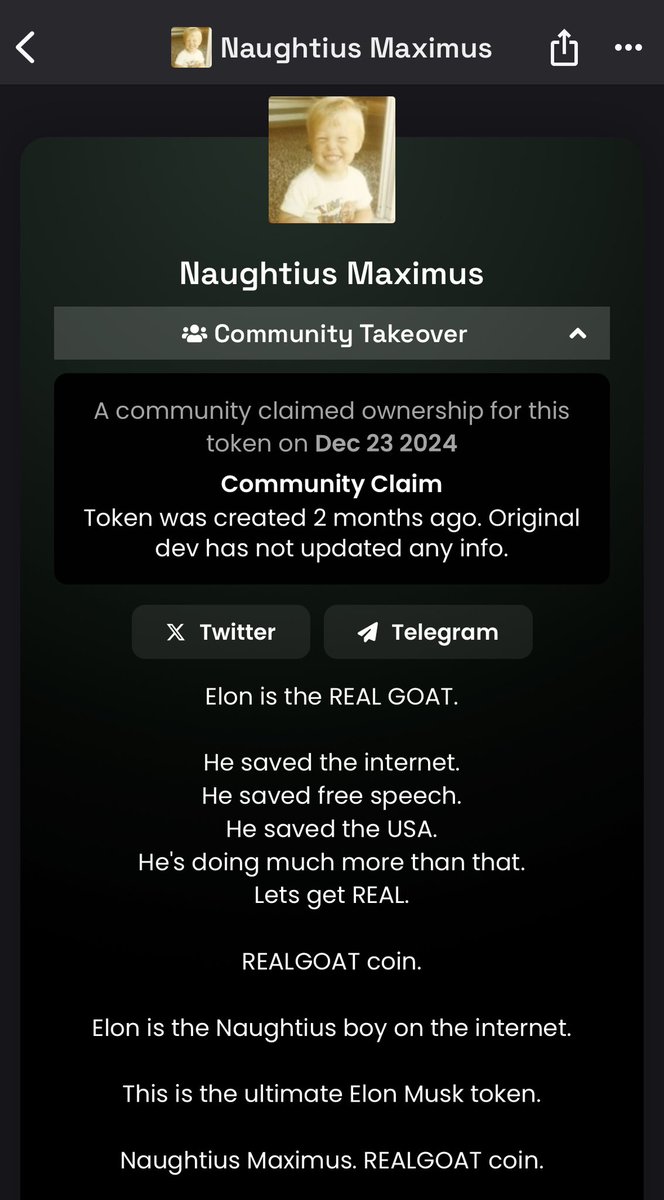 mrchrishodler's tweet photo. Naughtius Maximus.
I like the meme. NFA DYOR.
@elonmusk
#realgoat #naughtius #maximus $SOL $DOGE $BTC $ETH $Pnut $shib $YNE #fartcoin $wif $bonk https://t.co/SGavOk4rO4
