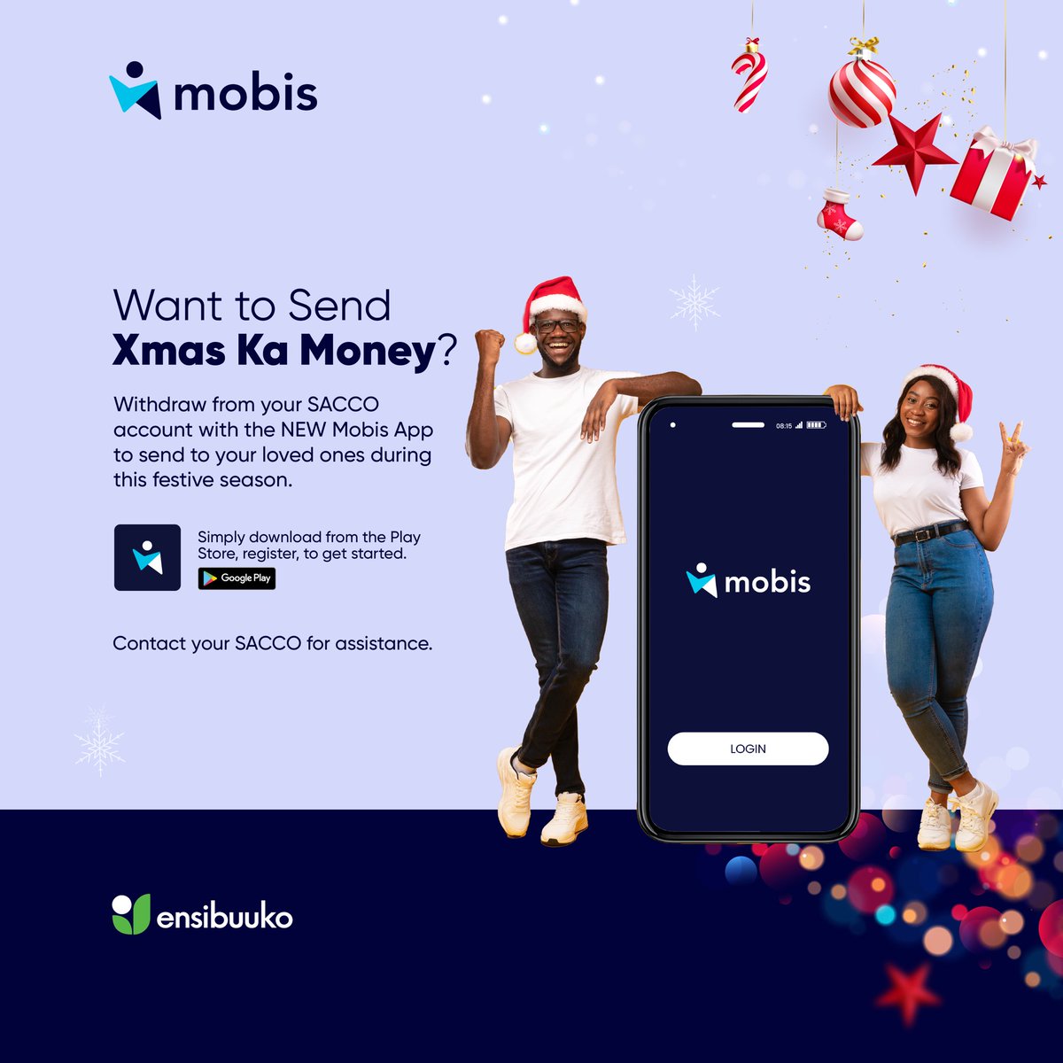 This holiday season, sharing love is just a tap away! 🎁💸🎄 

Download the #Mobis App from the Play store📲 and effortlessly send money home. Simply withdraw from your #SACCO account 🏦 and send funds to your loved ones in no time. 

For more info, contact your #SACCO.
💃🏿💃🏿💃🏿💃🏿