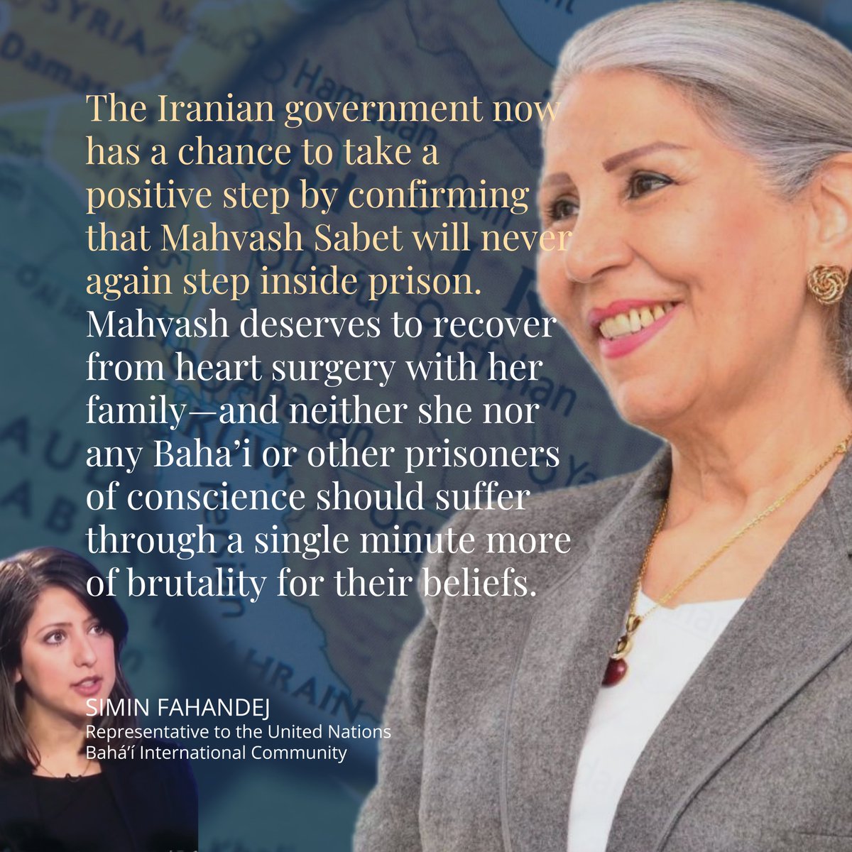 BahaiBIC's tweet photo. Mahvash Sabet, a 71-year-old Iranian Baha’i imprisoned by the Islamic Republic for over 13 years for her beliefs—who has previously been denied proper medical care in prison, despite severe and worsening health issues—has undergone open-heart surgery. Once her recovery period is over, however, Ms. Sabet will be recalled to prison to serve the rest of her second 10-year jail term. The Baha’i International Community calls for her immediate and unconditional release and assurances from Iranian authorities that she will never be returned to jail.

Read our full story: https://t.co/YMNvILwHg9