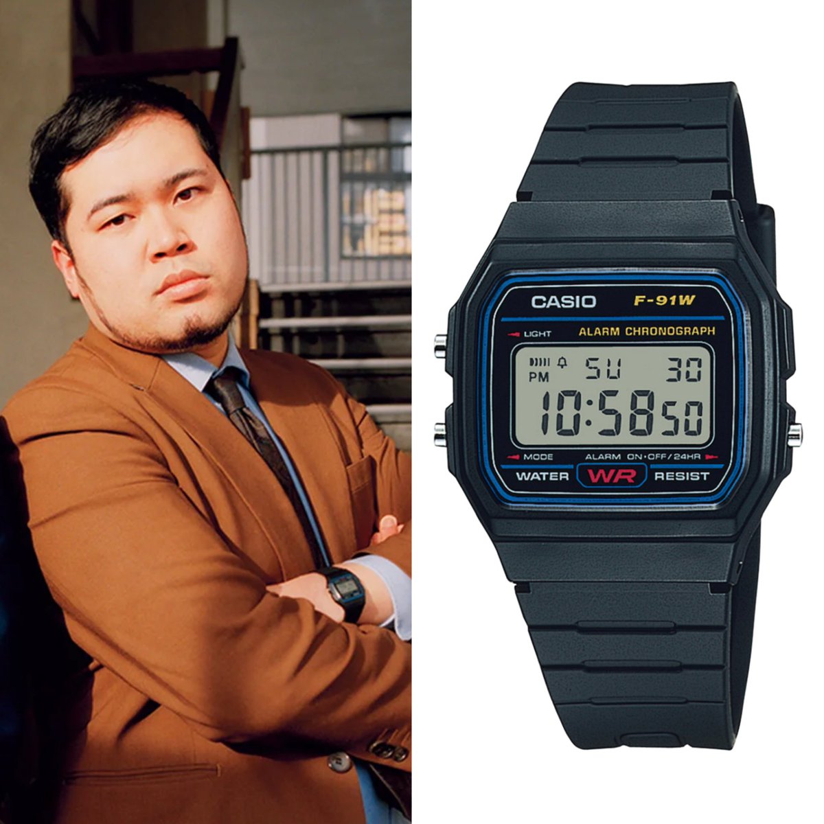 bot31676934's tweet photo. 令和ロマン　松井ケムリ

カシオ　CASIO Collection F-91W-1JH

定価:約2200円 https://t.co/VtJ3inYBZm