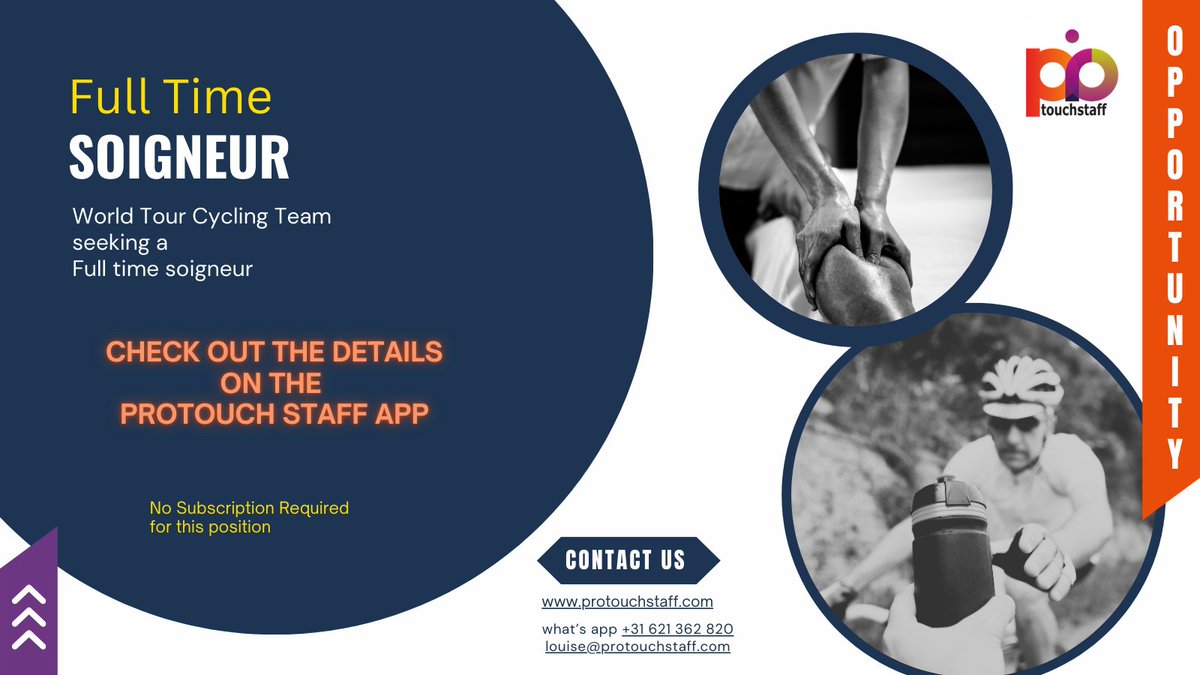 Opportunity for a Full Time Professional Cycling Team Soigneur, working with a leading World Tour Team across its Mens, Womens and Conti programs.  Details on the #protouchstaffapp_
#cycling #soigneur #jobinsport