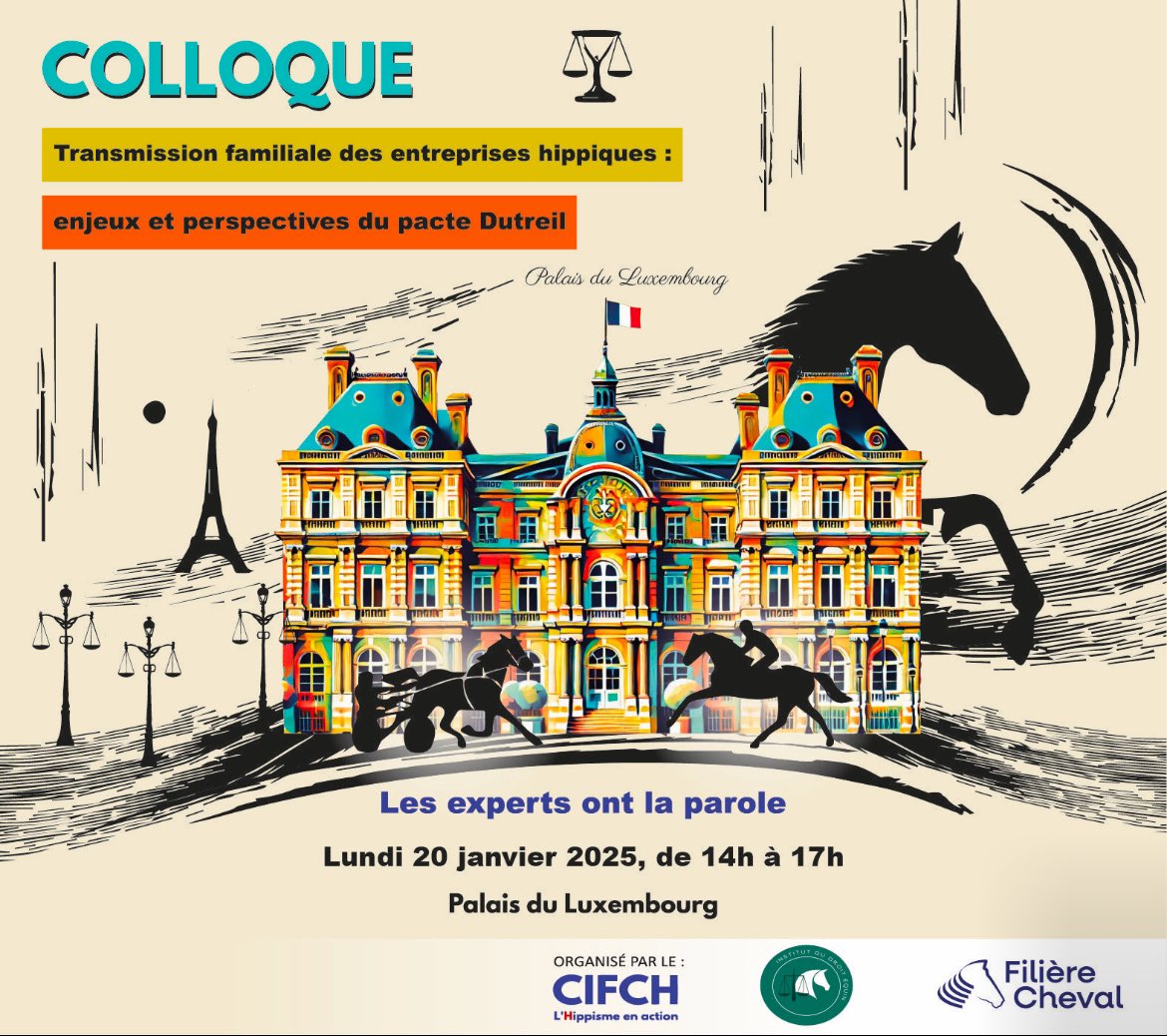 [📢 📍Colloque ] 
Transmission familiale des entreprises hippiques &amp; enjeux du pacte Dutreil
Vous souhaitez en savoir plus ? Rejoignez-nous pour un événement unique :
🗓 Quand ? Le 20 janvier 2025, de 14h à 17h.
📍 Où ? Au Palais du Luxembourg, à Paris. ➡️ cifch.com