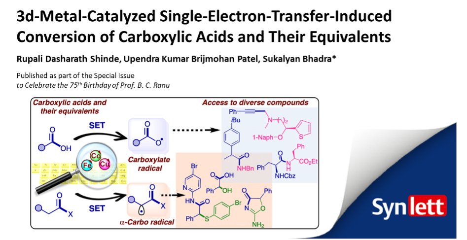 synlett_journal's tweet photo. As part of a special issue, dive into this account by Sukalyan Bhadra and co-workers, highlighting recent advances in 3d-metal-catalyzed, single-electron-transfer (SET) strategies utilizing carboxylic acids and their synthetic equivalents as substrates.
👉 https://t.co/KxI9eAgrbK https://t.co/JQlkPyTKqp