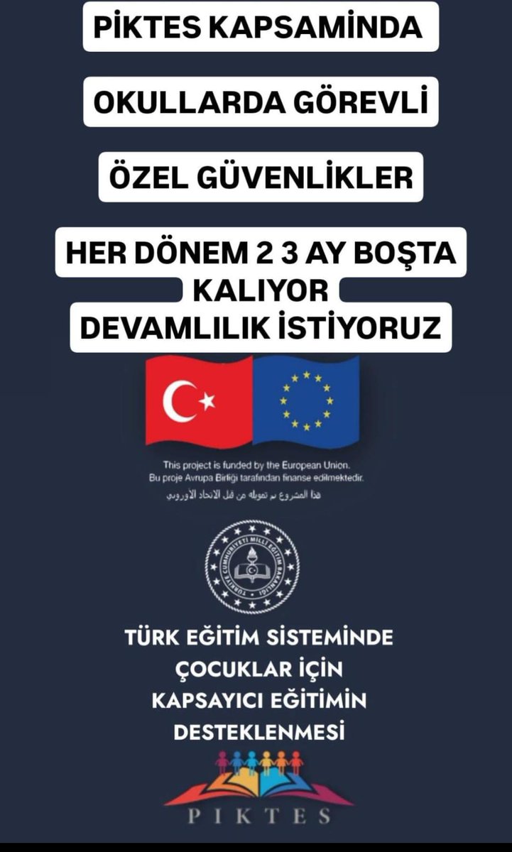 #Piktes Güvenlikten Tasarruf olmaz 
özel güvenlik 29 ilde görev yapıyor
Her dönem 2 3 Ay boşta kalıyor
Bizler okullarımızda süreklilik istiyoruz
1714 Özel Güvenlik 
<a href="/Yusuf__Tekin/">Yusuf Tekin</a> <a href="/RTErdogan/">Recep Tayyip Erdoğan</a> <a href="/mebhbogm/">MEB Hayat Boyu Öğrenme Genel Müdürlüğü</a>
<a href="/alemdareyup/">Eyüp Alemdar</a> <a href="/Guvenlik_is/">Güvenlik-İş Sendikası</a> <a href="/chnkvnc/">Cihan KIVANÇ</a> <a href="/cengizmete/">Cengiz Mete</a> <a href="/CelileErenOKTEN/">Celile Eren ÖKTEN</a>