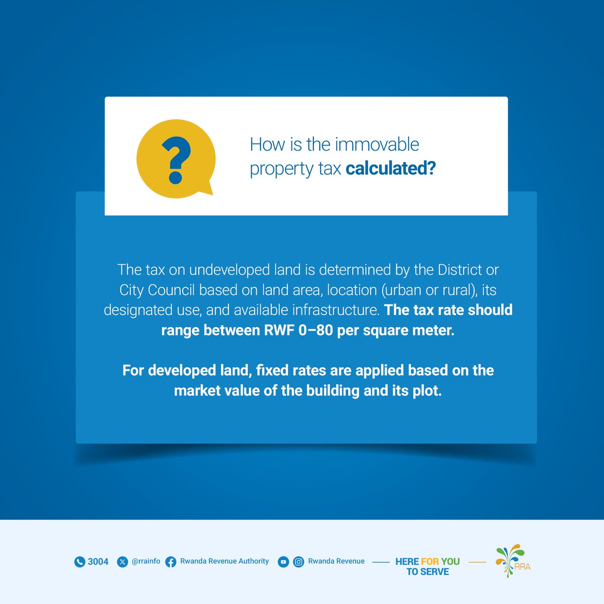 Ibibazo byibazwa cyane ku musoro ku mutungo utimukanwa.   
------------------------------------------------------ 
Frequently asked questions on immovable property tax.        

6/8