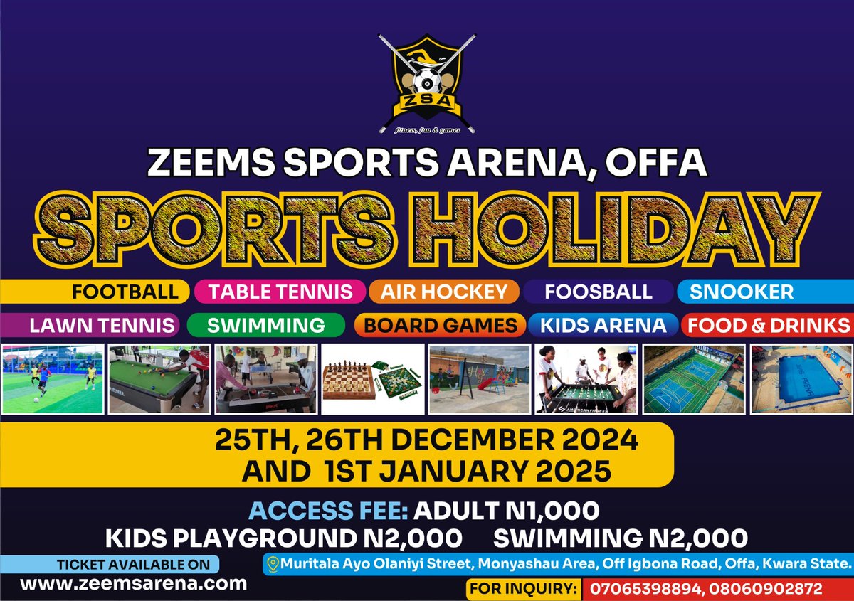 musbauceo's tweet image. Come enjoy the festive season @zeemsarena. Home of fitness, fun &amp;amp; games⚽️🎾🏓🎲🎱♟️🃏🎯🤿🏸

Grab your tickets now or pay at the gate  zeemsarena.com/tickets/instan…  #OffaTuntun #VisitOffa