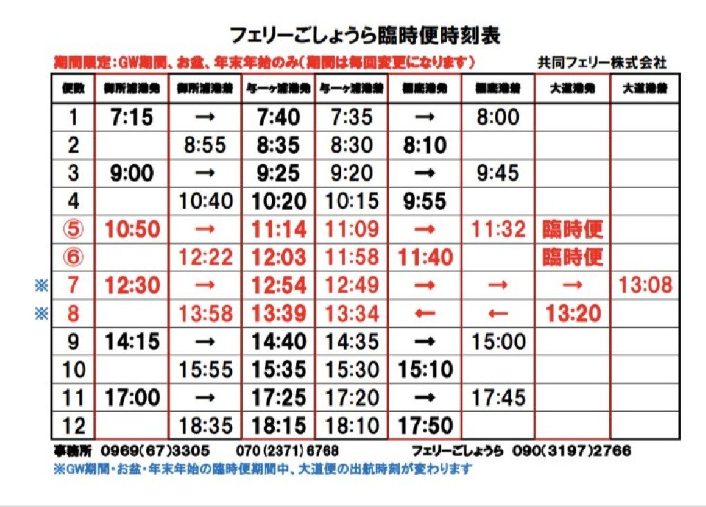 共同フェリー株式会社より
年末年始の
【フェリーごしょうら】
臨時便のご案内です
どうぞご利用ください
尚、
1月1日は全船全便運休致します
お間違いのないよう
よろしくお願い致します
#共同フェリー株式会社
#フェリーごしょうら
#臨時便
#年末年始　#離島　#釣り
#御所浦恐竜博物館　
#恐竜の島