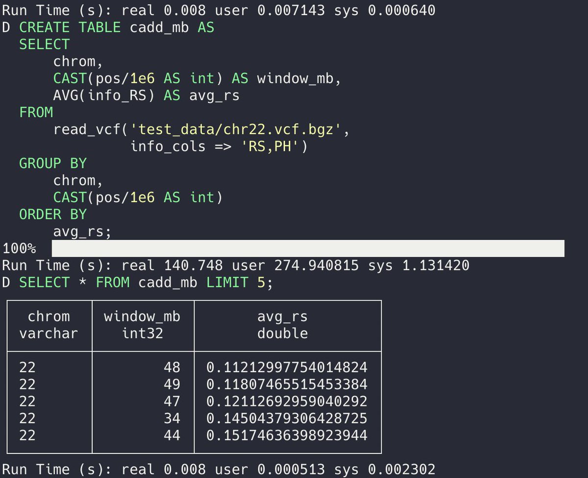 Sunday hack: an experimental VCF extension for duckdb. No support for genotypes yet, but it rocks for summarizing data in the INFO column. Here are some simple examples of processing a VCF of chr22 CADD scores.
